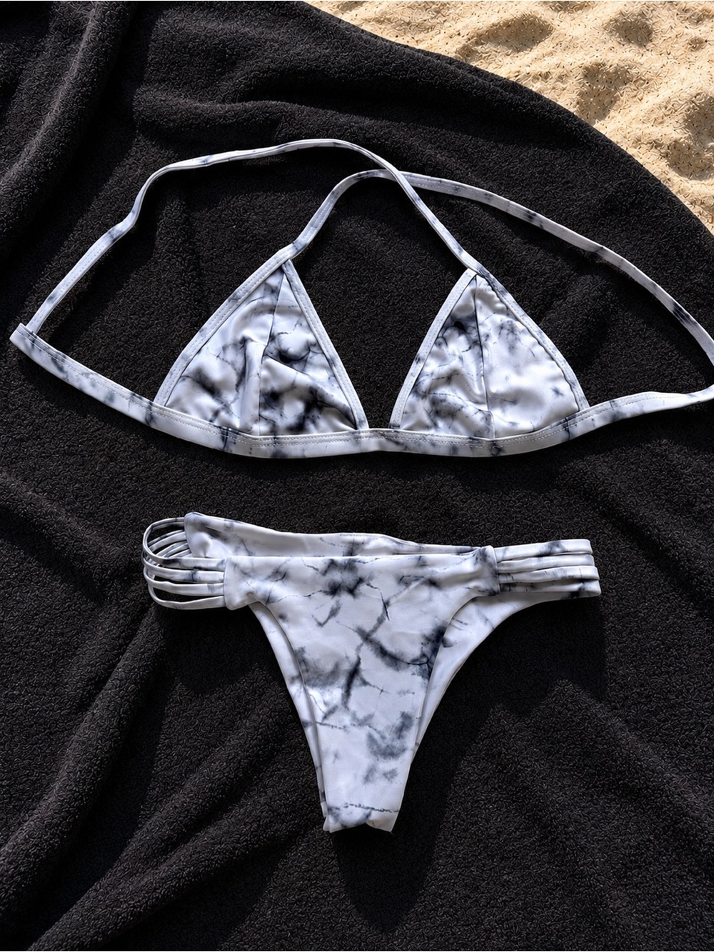 Marble Tie-Dye Triangle Bikini Set - White & Black